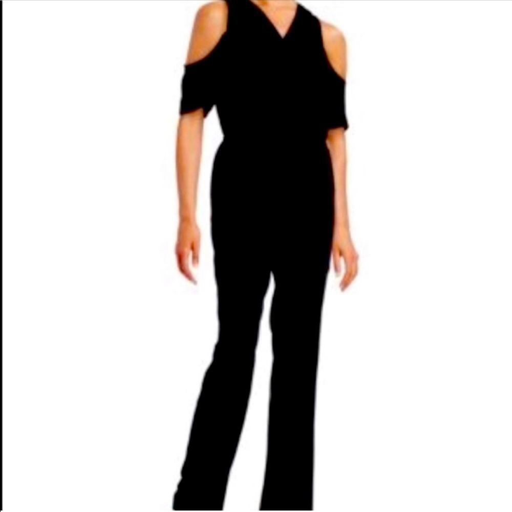 H By Halston Solid Black Jumpsuit Cold Shoulder Wide Leg Retro Chic Classic sz 8